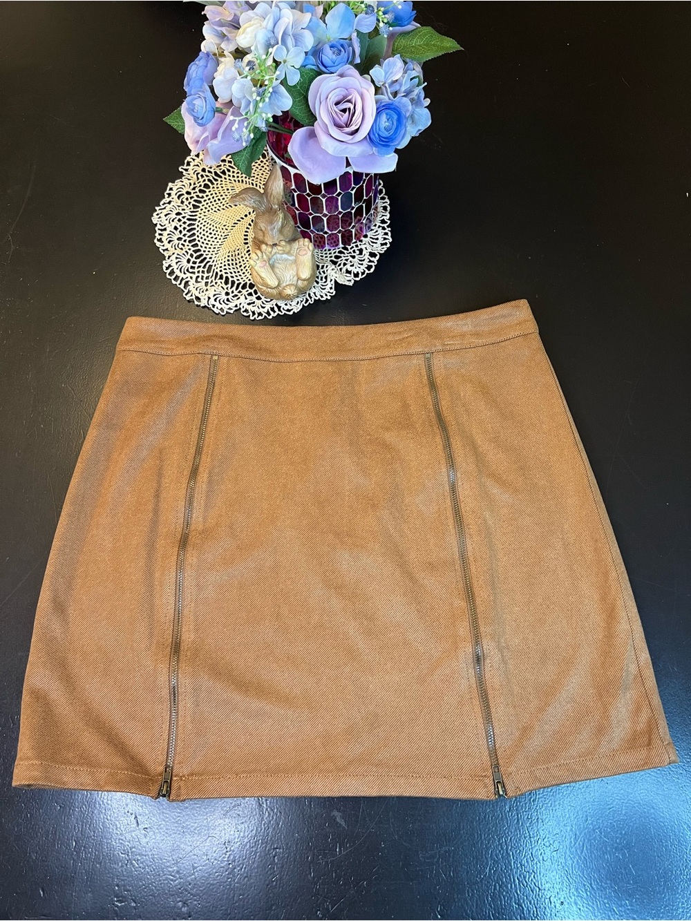 Doe & Rae Boutique NWT‎ Brown Double Zip Down Stretch Mini Skirt Sz L Trendy